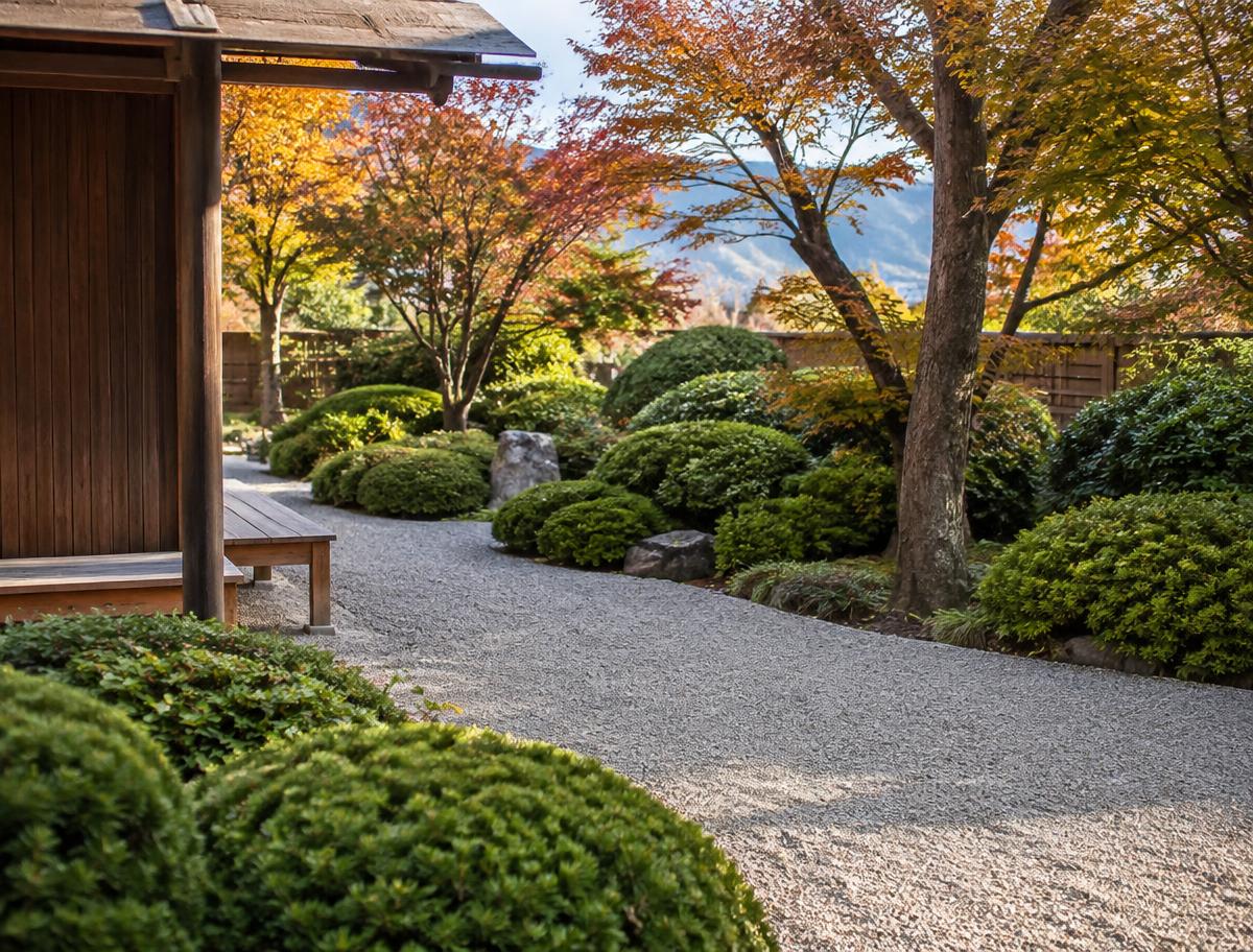 Herbstlicher Garten mit Kiesweg und Formschnittgehölzen